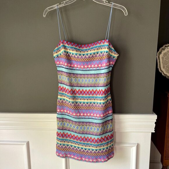TCEC Boutique Embroidered Stripe Knit Spaghetti Strap Mini Bodycon Dress Large - Picture 4 of 9